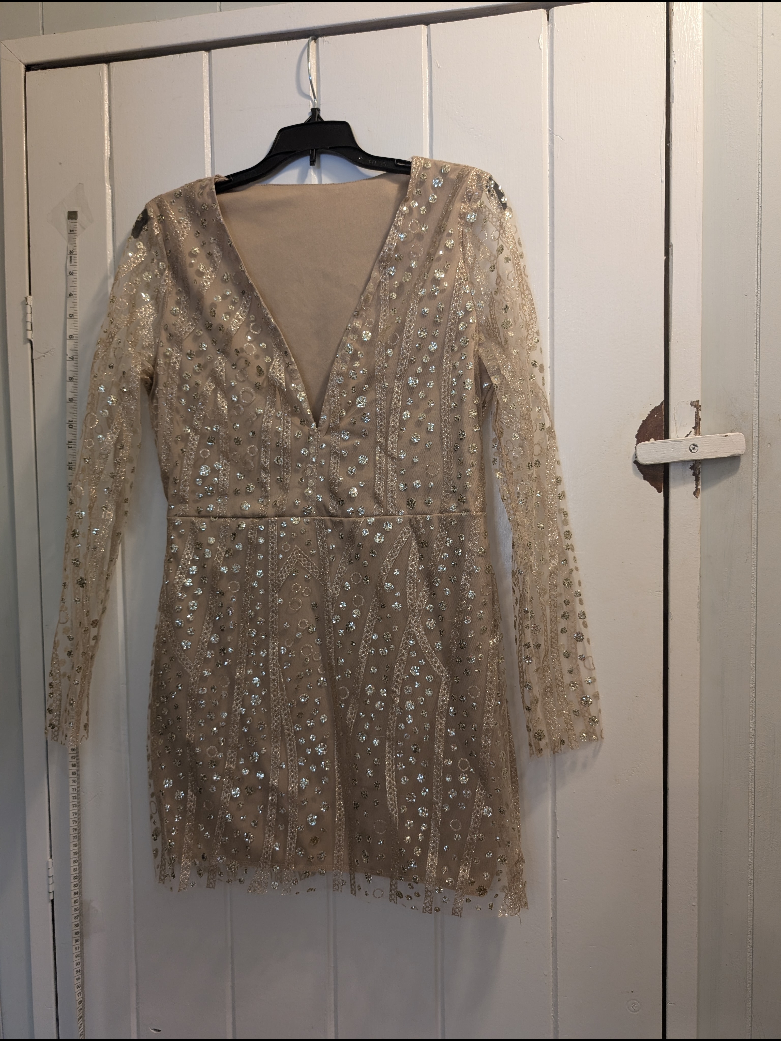 Sequin Long-Sleeve V-Neck Mini Dress/ Dance Costume In Champagne 30" Loose Waist